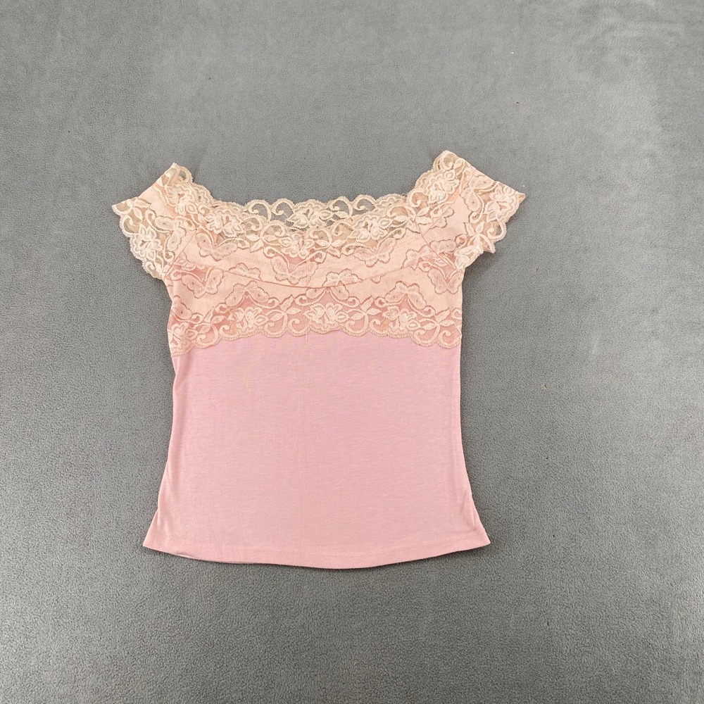 XXI Forever 21 Pink Lace Mesh Off Shoulder Short Sleeve Y2K Top 7211